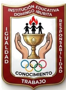 Escudo de la I.E. Domingo Irurita de Palmira. Incluye el nombre de la institución, la frase "IGUALDAD" a la izquierda y "RESPONSABILIDAD" a la derecha. En el centro, manos sosteniendo una copa con niños y una llama, sobre los anillos olímpicos y la palabra "CONOCIMIENTO", con "TRABAJO" en la base.de la IE domingo Irurita