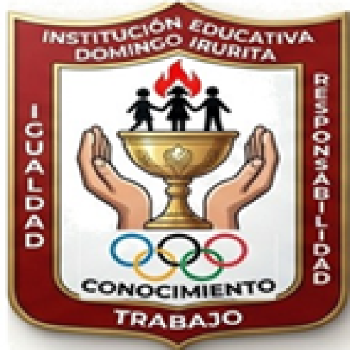 Escudo de la I.E. Domingo Irurita de Palmira. Incluye el nombre de la institución, la frase "IGUALDAD" a la izquierda y "RESPONSABILIDAD" a la derecha. En el centro, manos sosteniendo una copa con niños y una llama, sobre los anillos olímpicos y la palabra "CONOCIMIENTO", con "TRABAJO" en la base.de la IE domingo Irurita