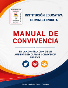 Portada del Manual de Convivencia de la Institución Educativa Domingo Irurita: 'En la construcción de un ambiente escolar de convivencia pacífica'. Clic para abrir o descargar el documento completo.