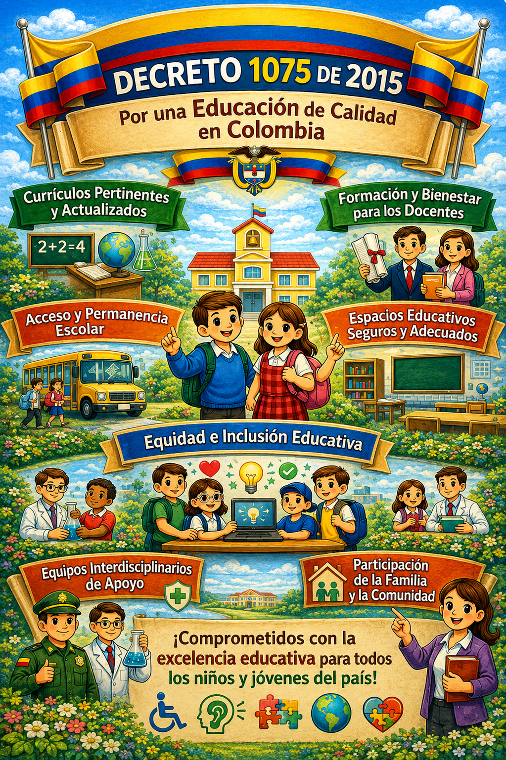 Decreto 1075 de 2015 - Decreto Único Reglamentario del Sector Educación alt="Decreto 1075 de 2015 – Decreto Único Reglamentario del Sector Educación. Infografía que resume los principales aspectos del decreto: currículos pertinentes y actualizados, formación y bienestar docente, acceso y permanencia escolar, espacios educativos seguros, equidad e inclusión educativa, equipos interdisciplinarios de apoyo y participación de la familia y la comunidad."